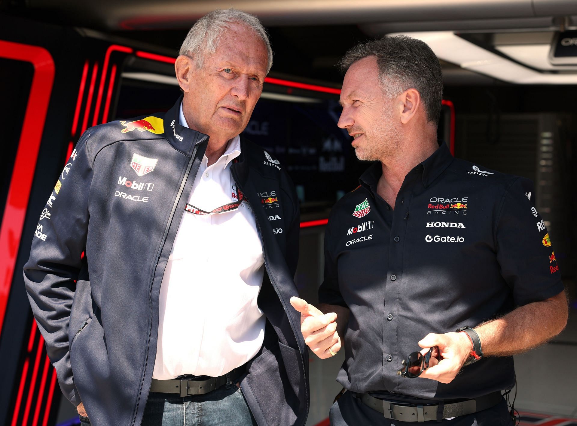 Helmut Marko (left) in conversation with Christian Horner (right) during the Grand Prix weekend at Imola, 2025 (Getty Images)